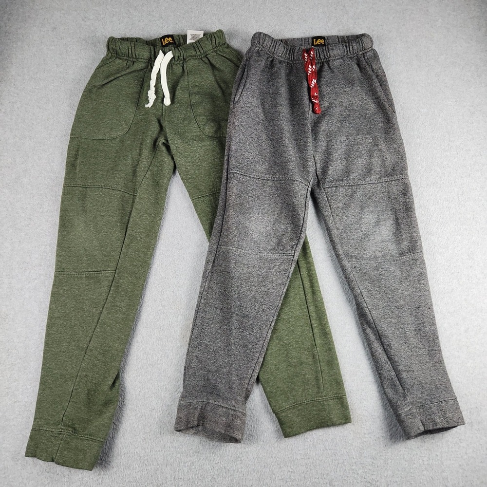 Lee Jogger Sweatpants Boys M 10/12 Green Gray Fleece Reinforced Knee Lot of 2